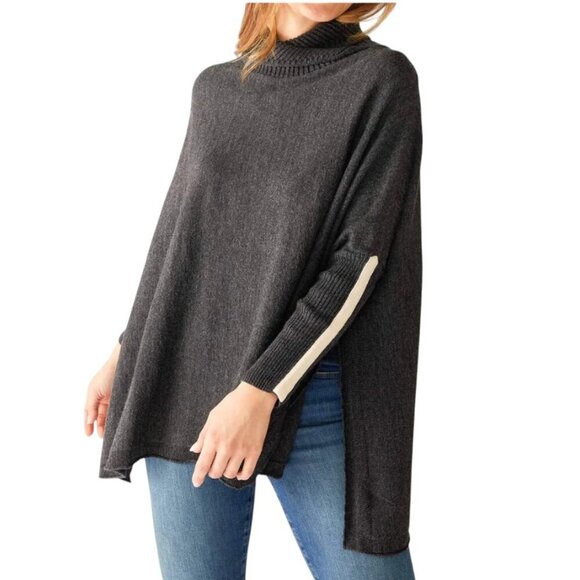 Mersea Womens Newport Turtleneck Poncho Sweater, Side Split, Ribbed, Drop Sleeve - Picture 2 of 9
